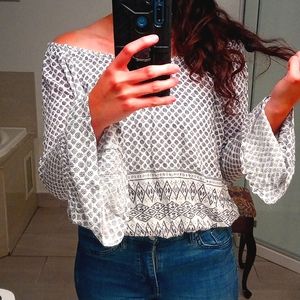 Medium, white and Grey printed over the shoulder blouse, Forever 21